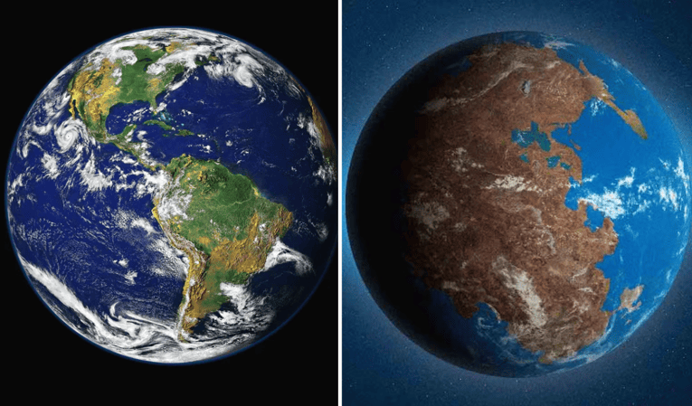 Imagen comparativa entre el mundo actual y Pangea.