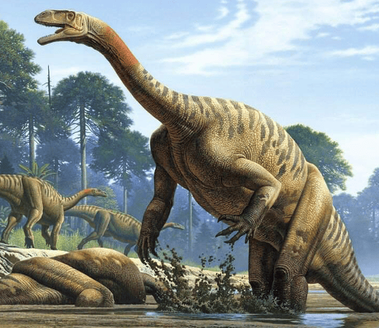Imagen que muestra un Plateosaurus en el rio.