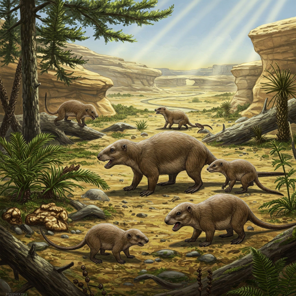 Imagen que muestra un grupo de cinognathus en su hábitat natural del Triásico.