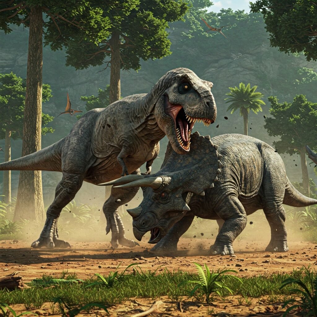 Ilustración de un dinosaurio Triceratops defendiéndose de un ataque de Tyrannosaurus Rex