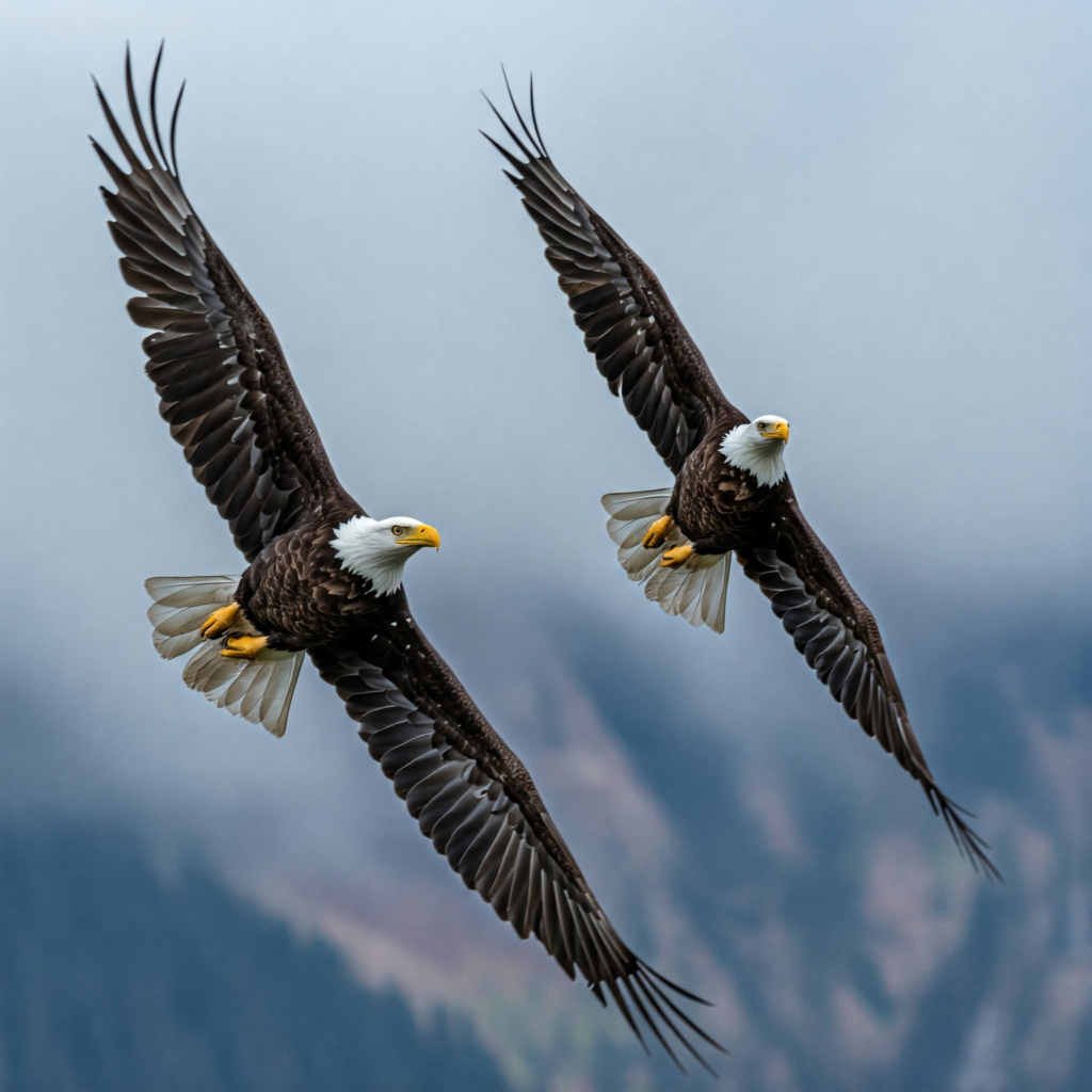 Pareja de águilas calvas volando.