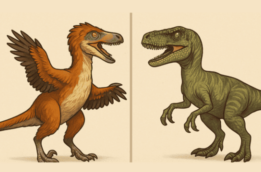 Comparación entre un dinosaurio con plumas y otro sin plumas.