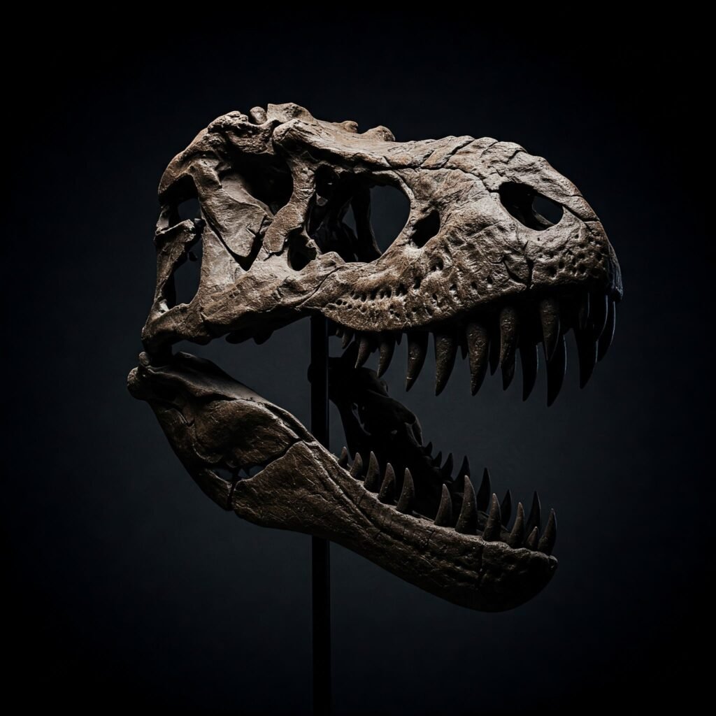 Primer plano del cráneo fósil de un Tyrannosaurus Rex mostrando su estructura robusta y grandes dientes.