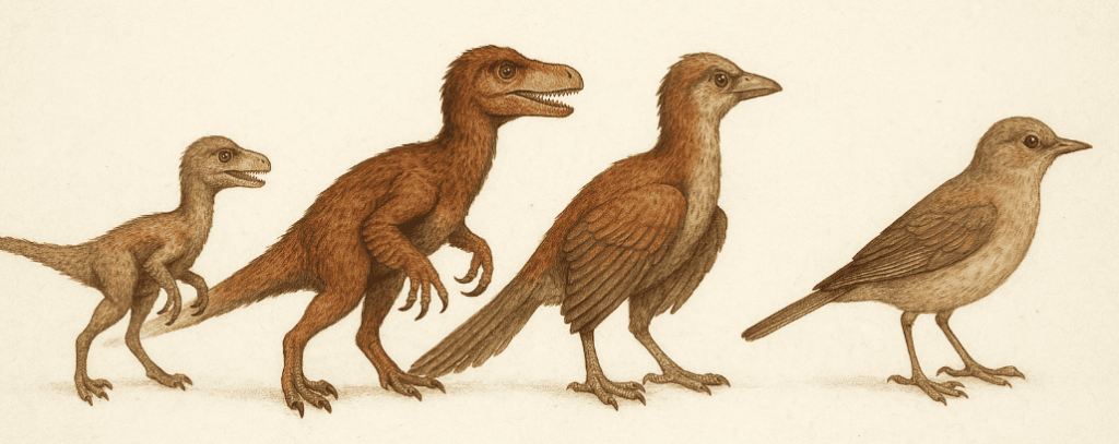Evolución de un dinosaurio hasta llegar a un ave actual.
