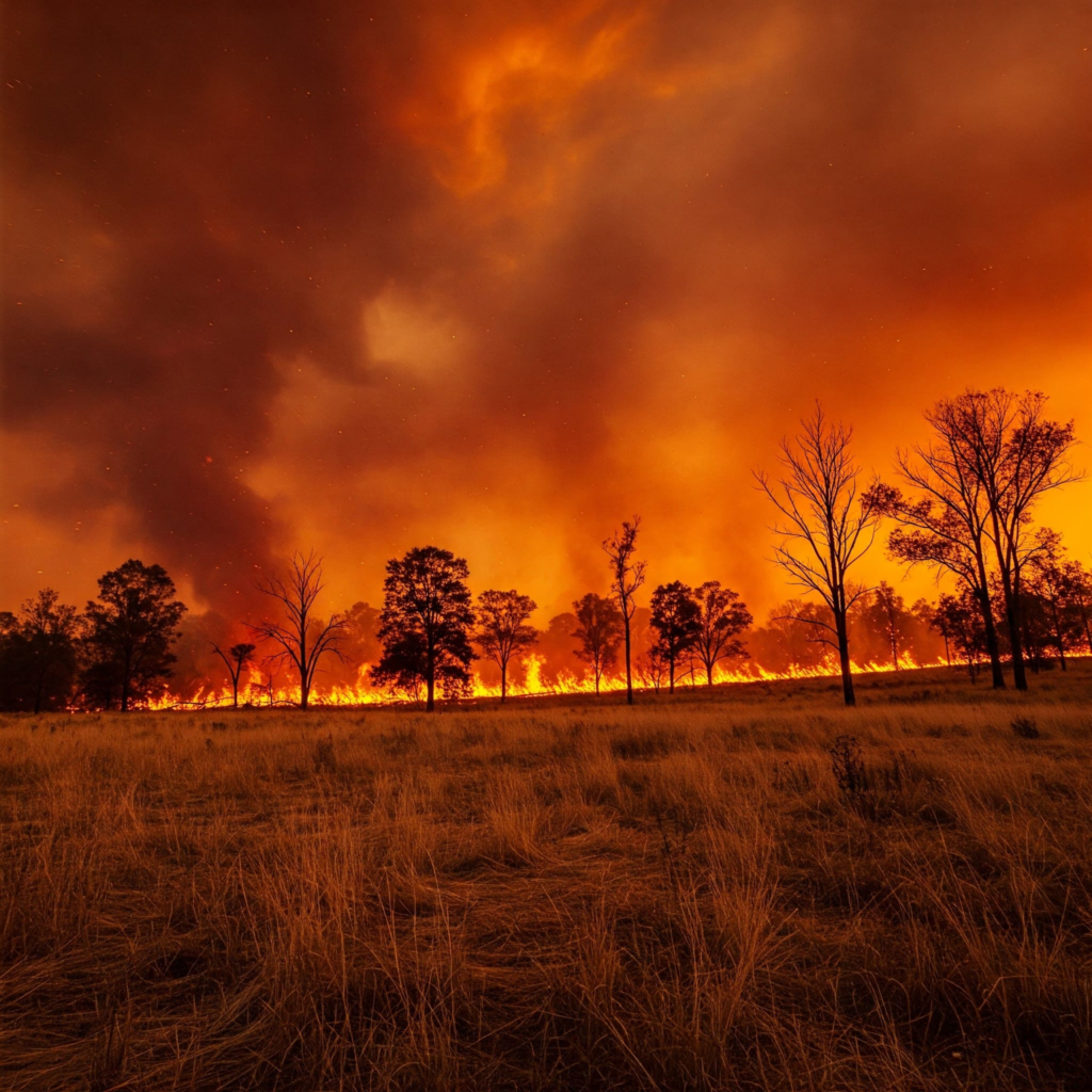 Imagen que muestra un bosque incendiado, causado por erupciones volcánicas que provocaron la extinción de la vida del Triásico.