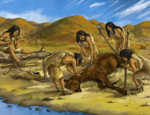 Grupo de homo sapiens a la orilla de un rio con un caballo recién cazado por ellos