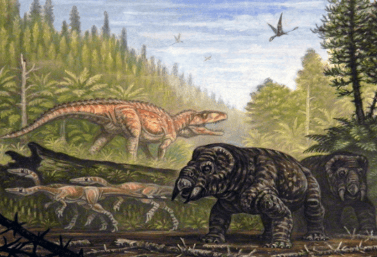 Imagen que muestra varios placerias, un trio de coleophisis y al fondo un Postosuchus.