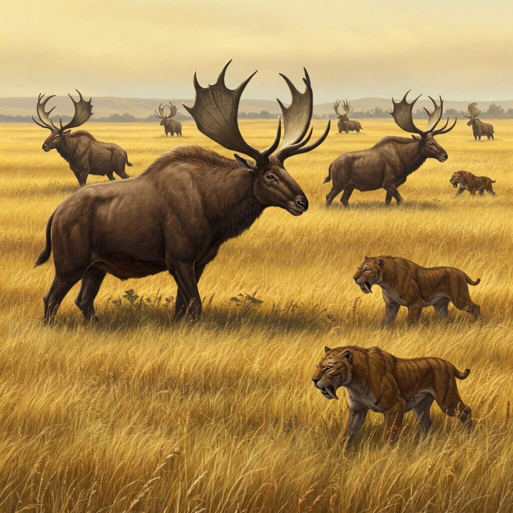 Pradera con una manada de Megaloceros y sus depredadores
